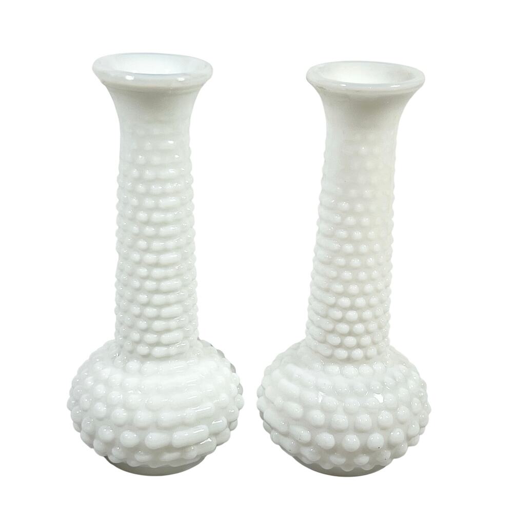 Vintage EO Brody Milk Glass Hobnail Bud Vase Pair M2000 Cleveland Ohio 8"